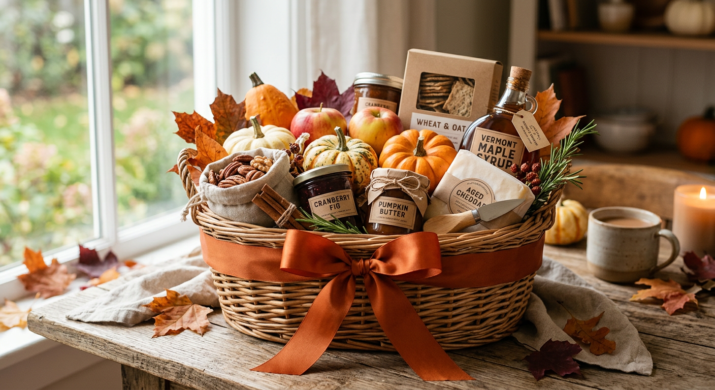 Wicker basket filled with pumpkins, apples, jams, maple syrup, cheese and pecans